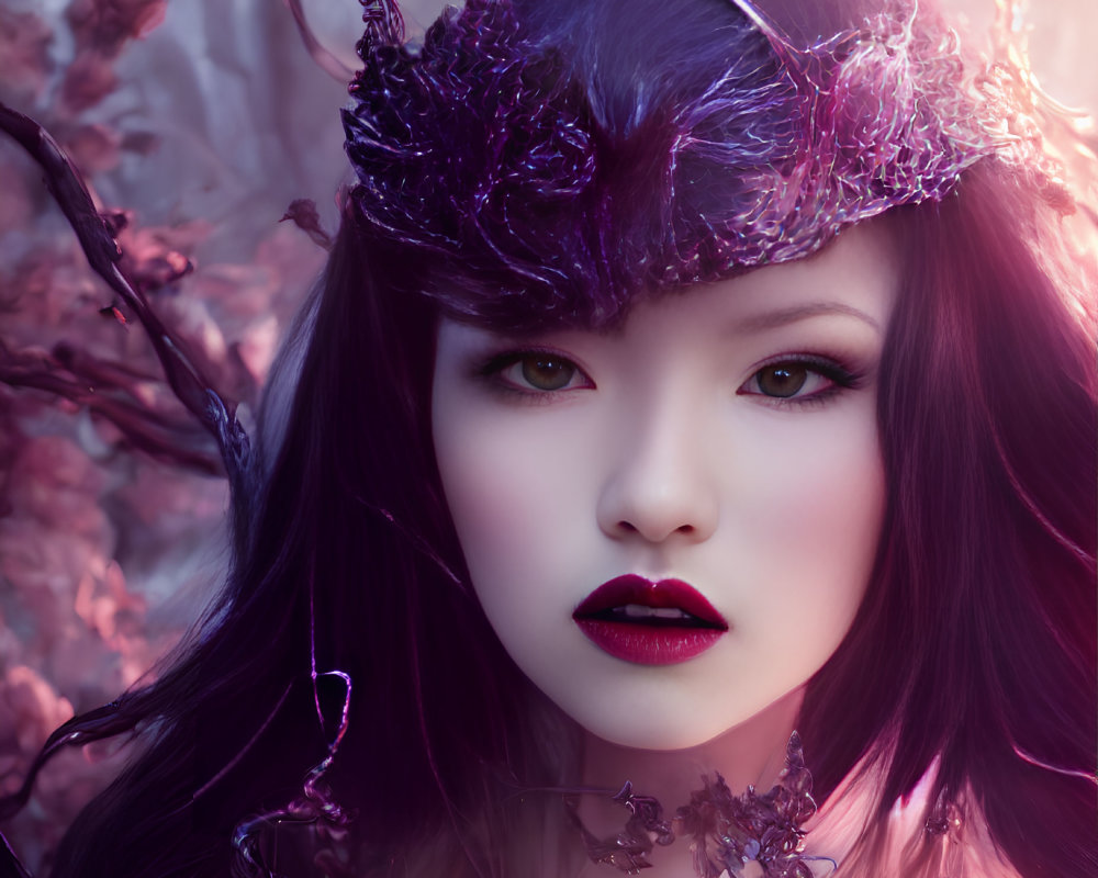 Portrait of woman with dark hair and purple floral headpiece in mystical setting.