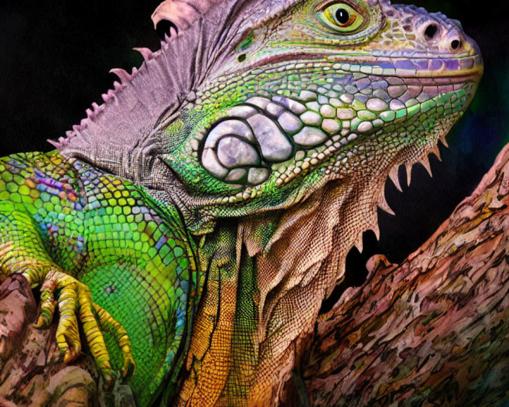Colorful Green Iguana on Tree Branch Against Dark Background