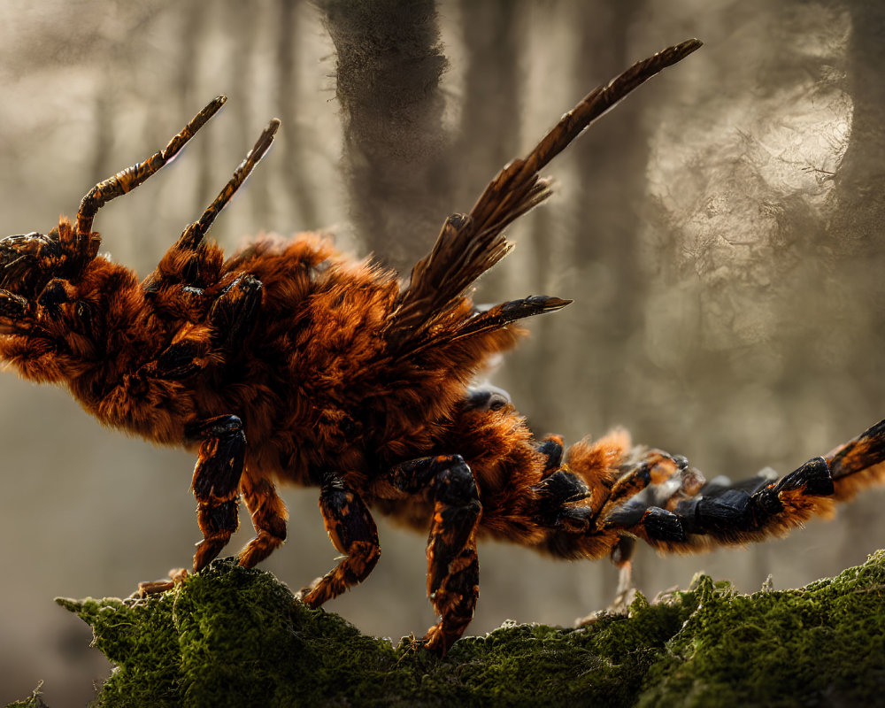 Detailed Close-Up Image of Orange and Brown Fuzzy Bee on Moss in Misty Forest
