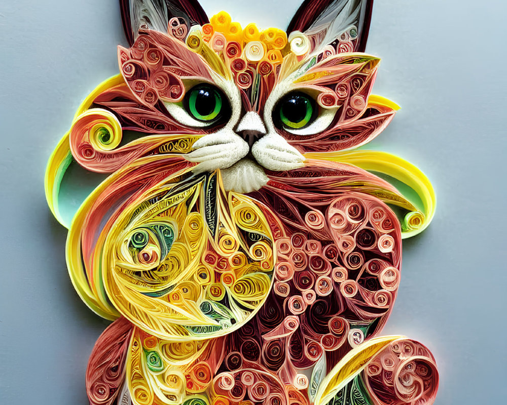 Multicolored 3D paper quilling art of a cat with intricate designs
