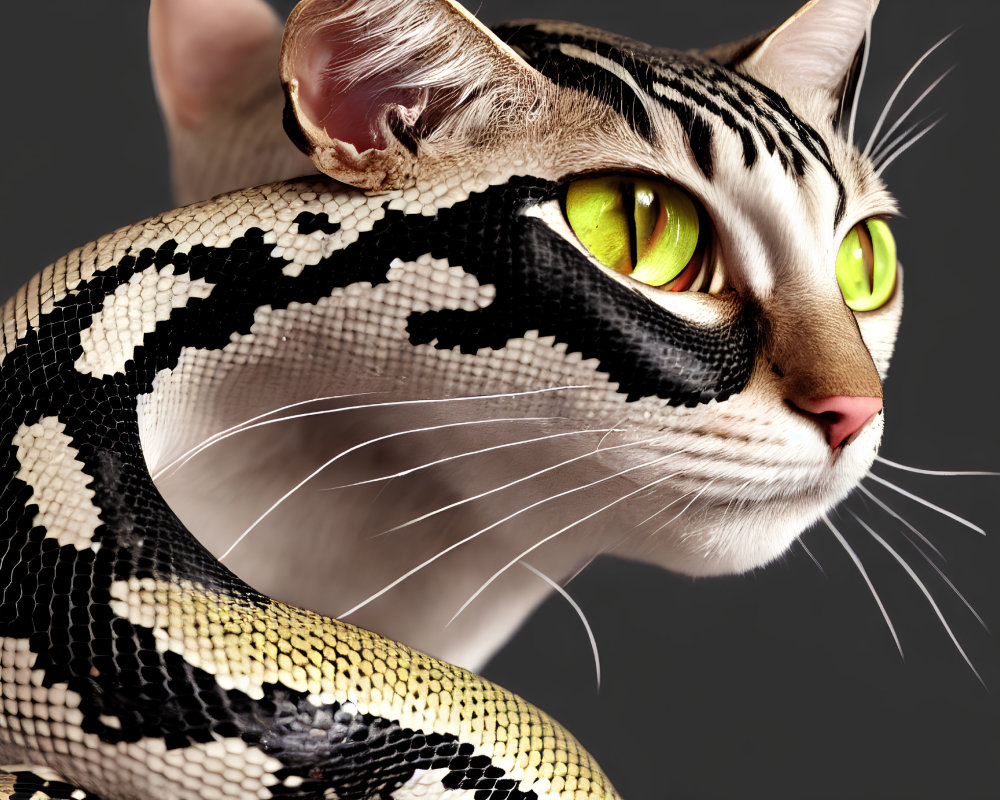 Green-eyed cat merged with python in surreal digital art