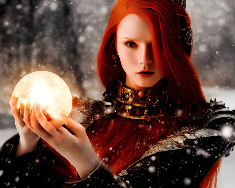 Digital artwork: Woman with red hair holding glowing orb in snowy setting