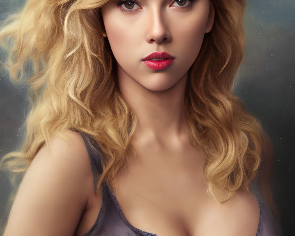 Blonde woman with intense gaze in low-cut top against cosmos backdrop