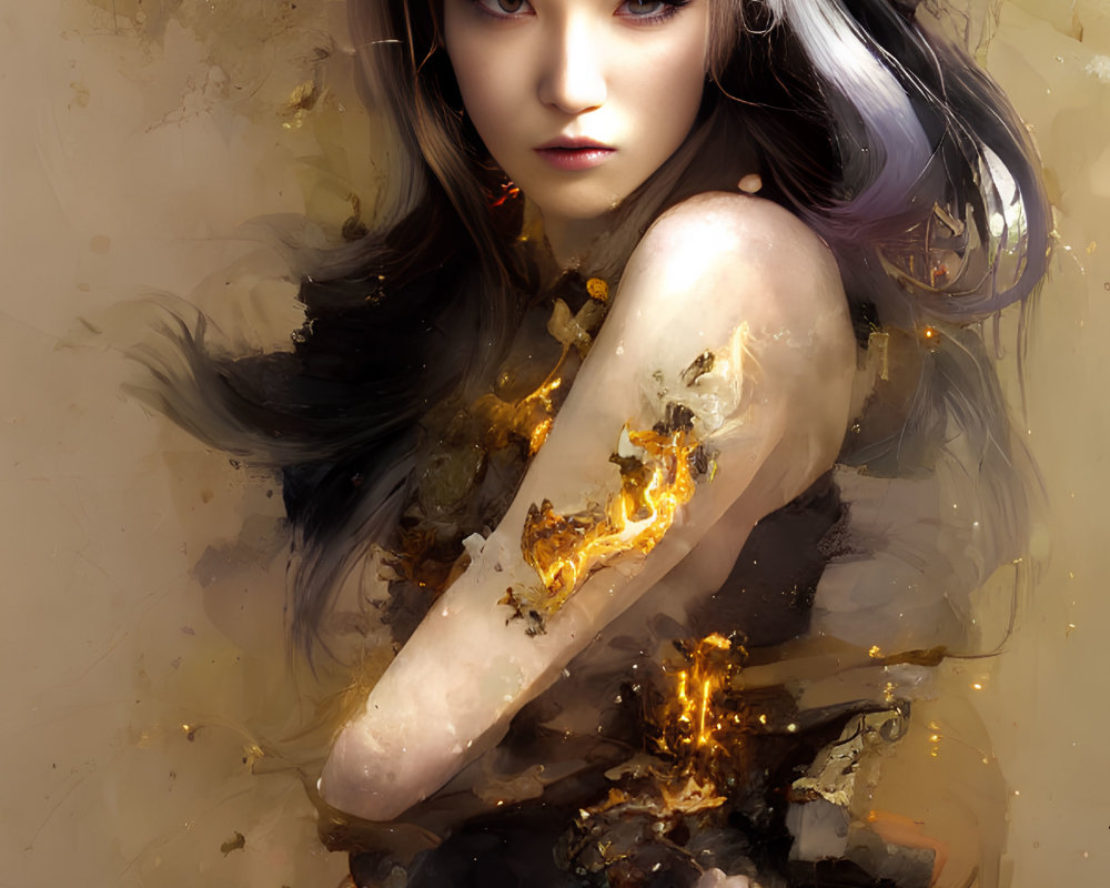 Ethereal woman with silver hair and abstract gold splashes