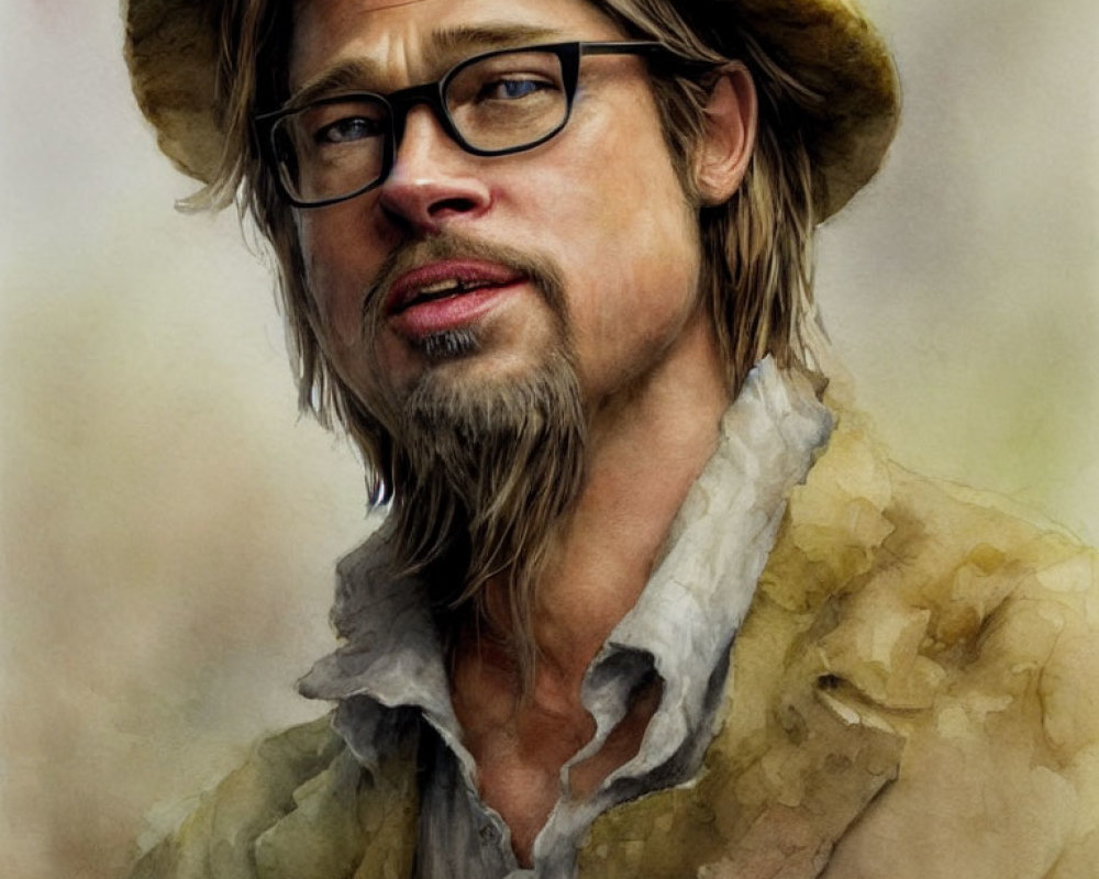 Bearded man in glasses, hat, and coat against watercolor background