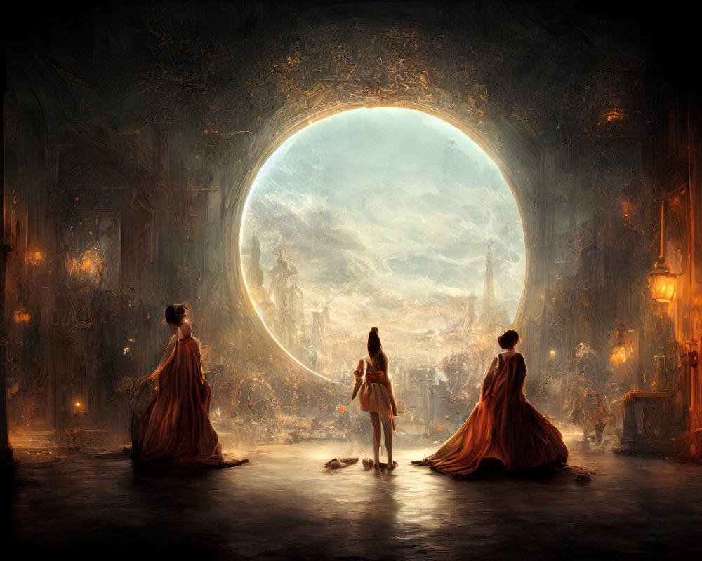Three women in elegant gowns admire luminous moon through circular window
