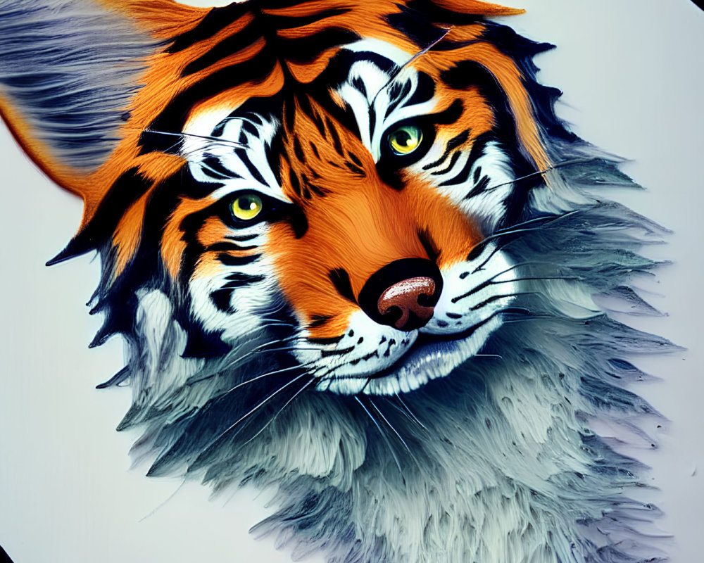 Colorful digital artwork: Tiger face with lion's mane on paper with drawing pen