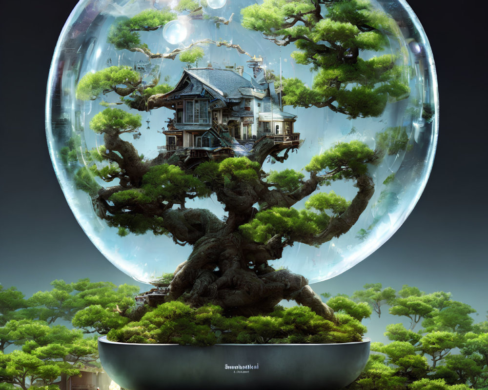 Fantastical tree with house in globe, figure observing