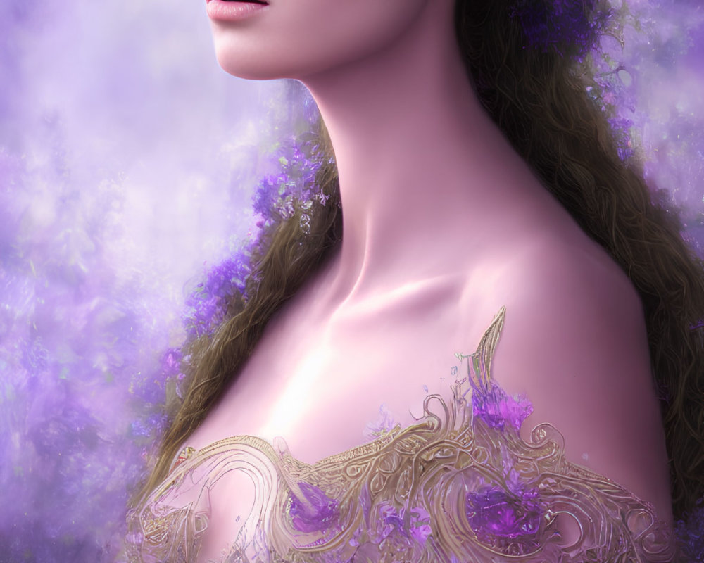 Mystical woman in purple crown and gown amidst ethereal haze