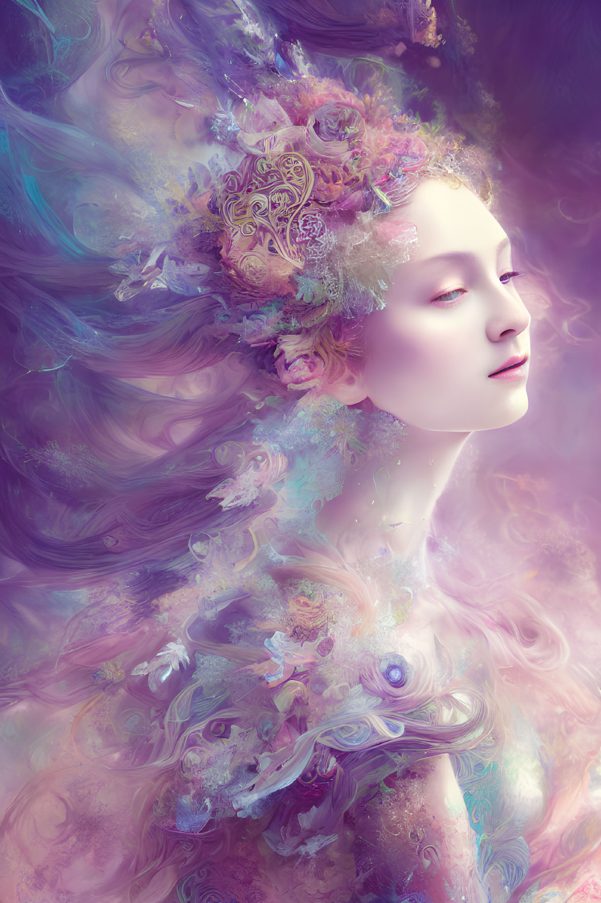Pastel Floral Hair Woman in Dreamy Misty Swirl