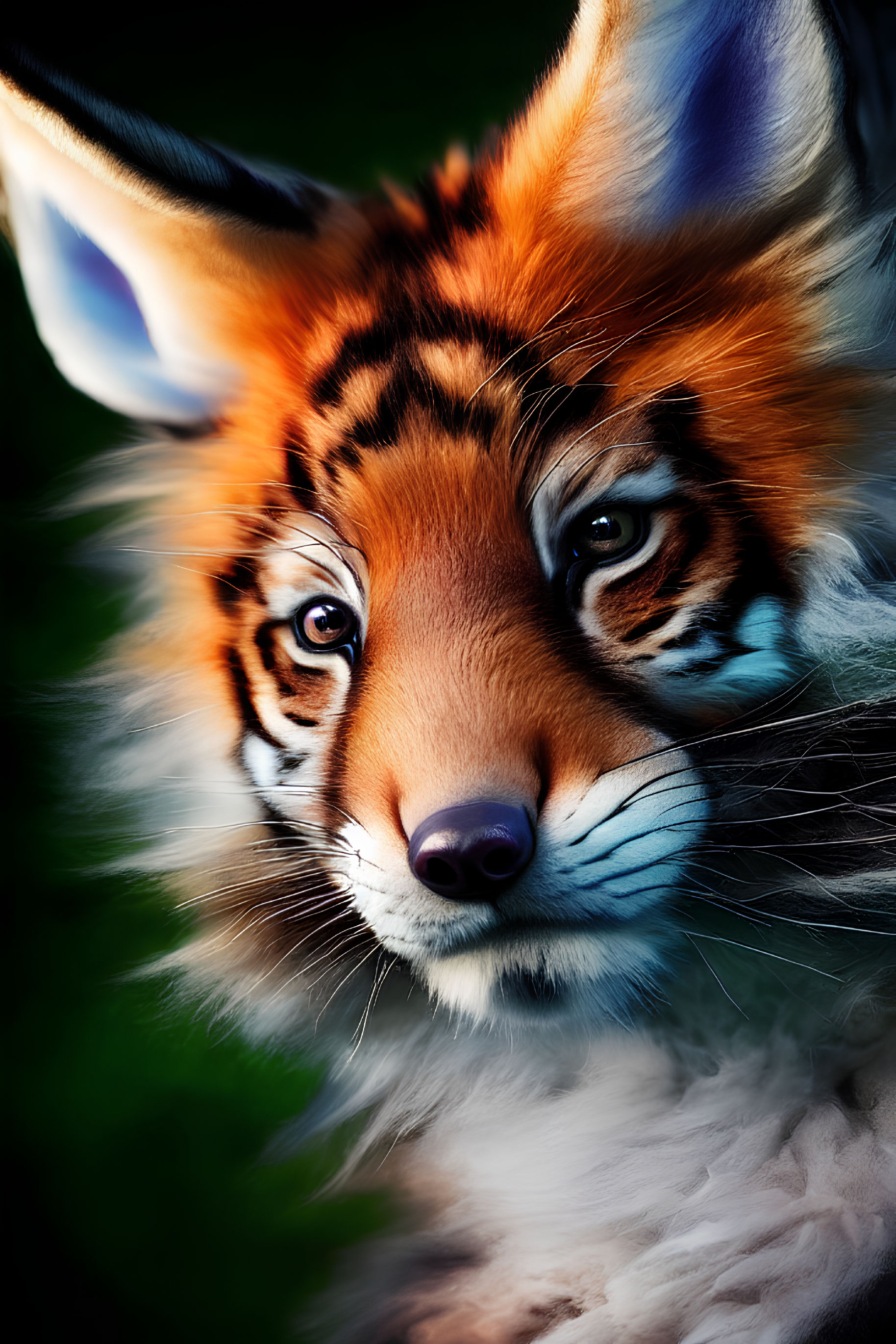 Detailed Tiger Artwork: Blue-Eyed Tiger with White Fur against Dark Background