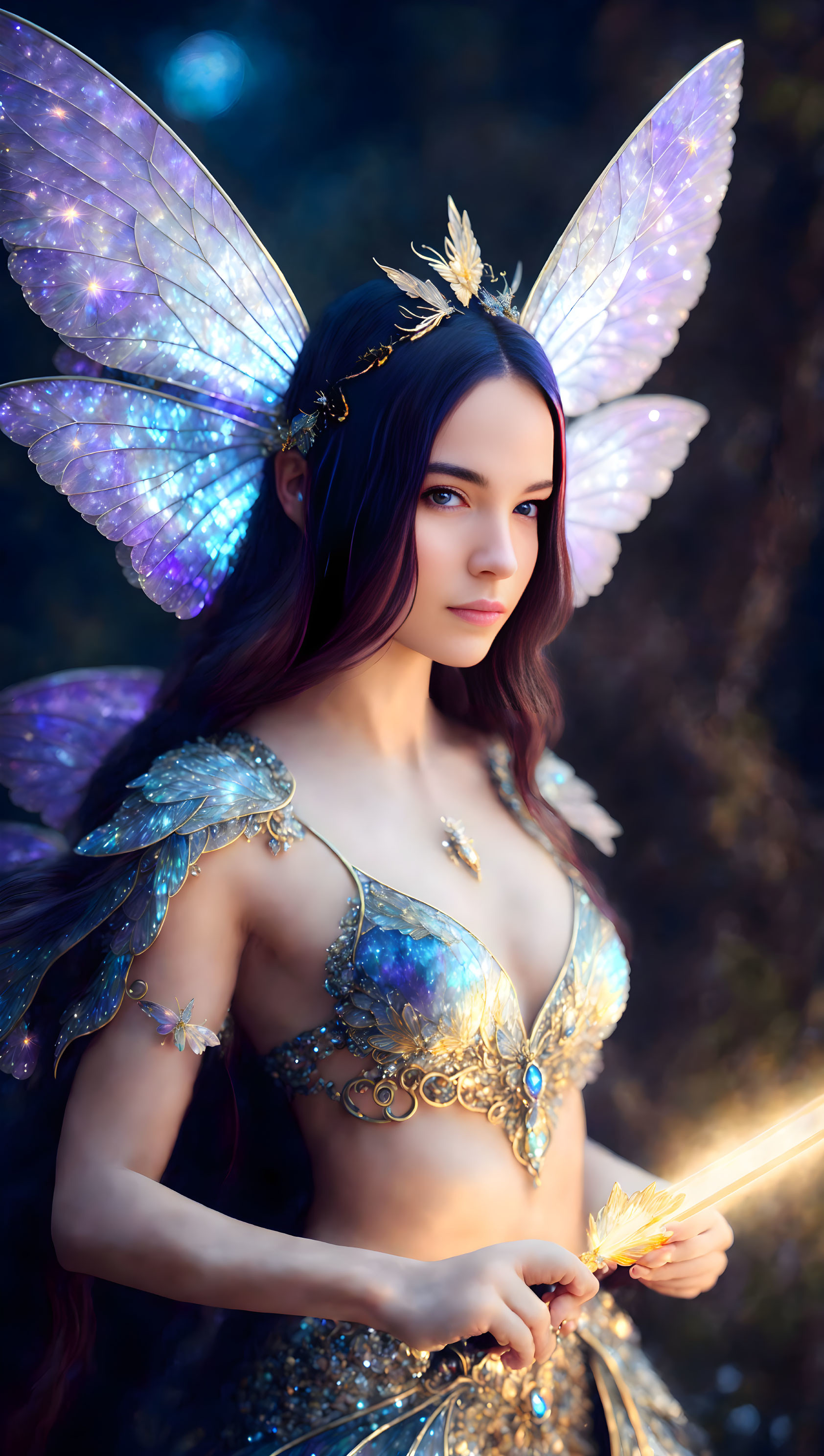 Elaborate fairy costume with detailed wings and ornate attire