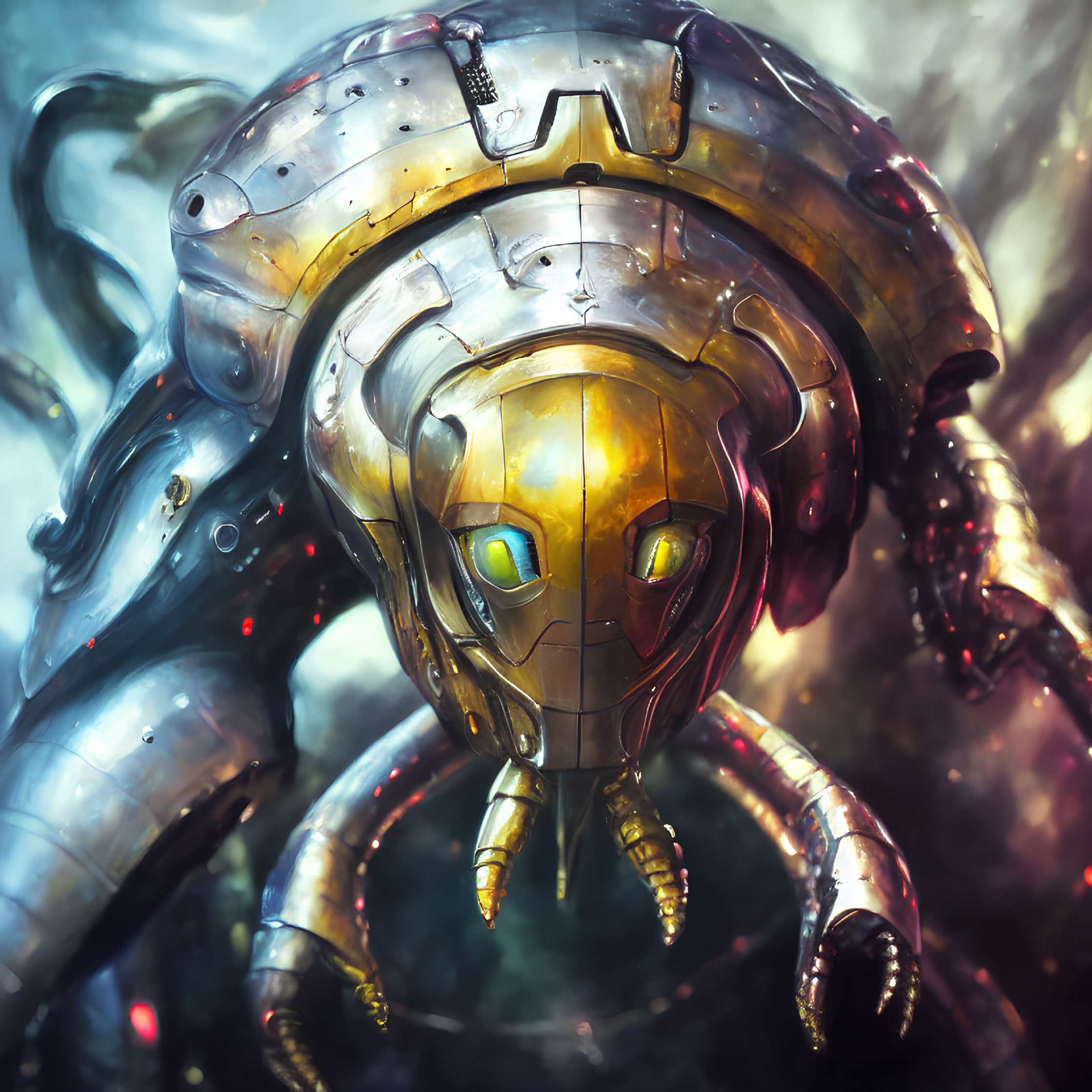 Detailed Illustration: Robot with Golden Faceplate & Silver Armor, Glowing Red Eyes in Misty