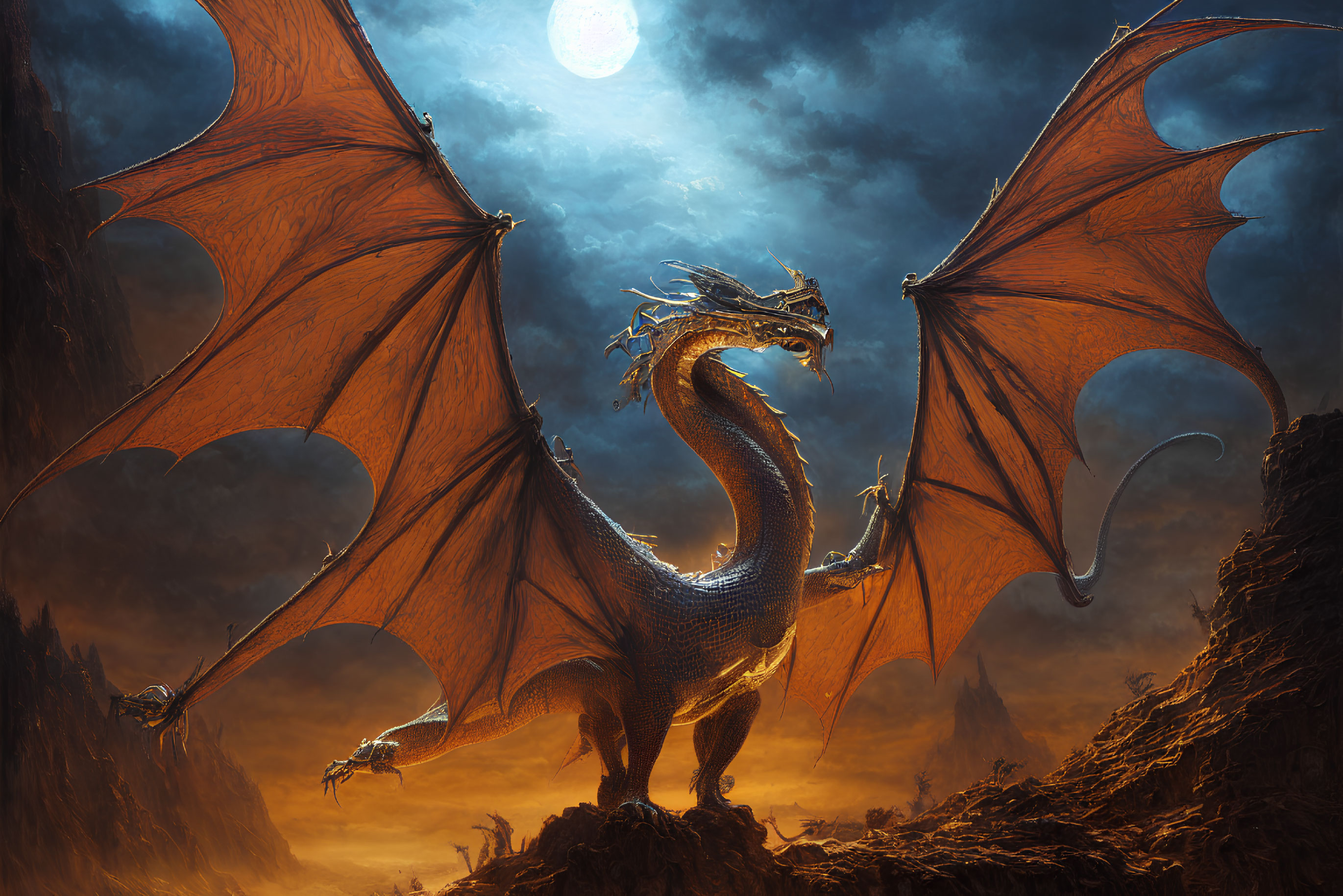 Majestic dragon with fiery-orange wings on rocky terrain under moonlit sky
