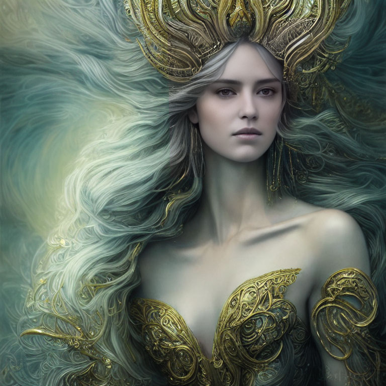 Ethereal woman with golden headdress and armor
