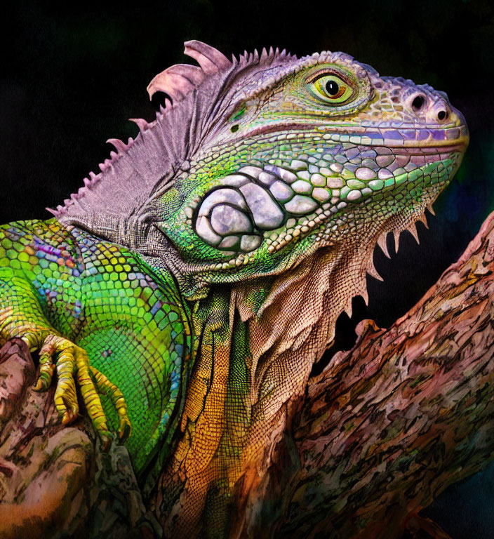 Colorful Green Iguana on Tree Branch Against Dark Background
