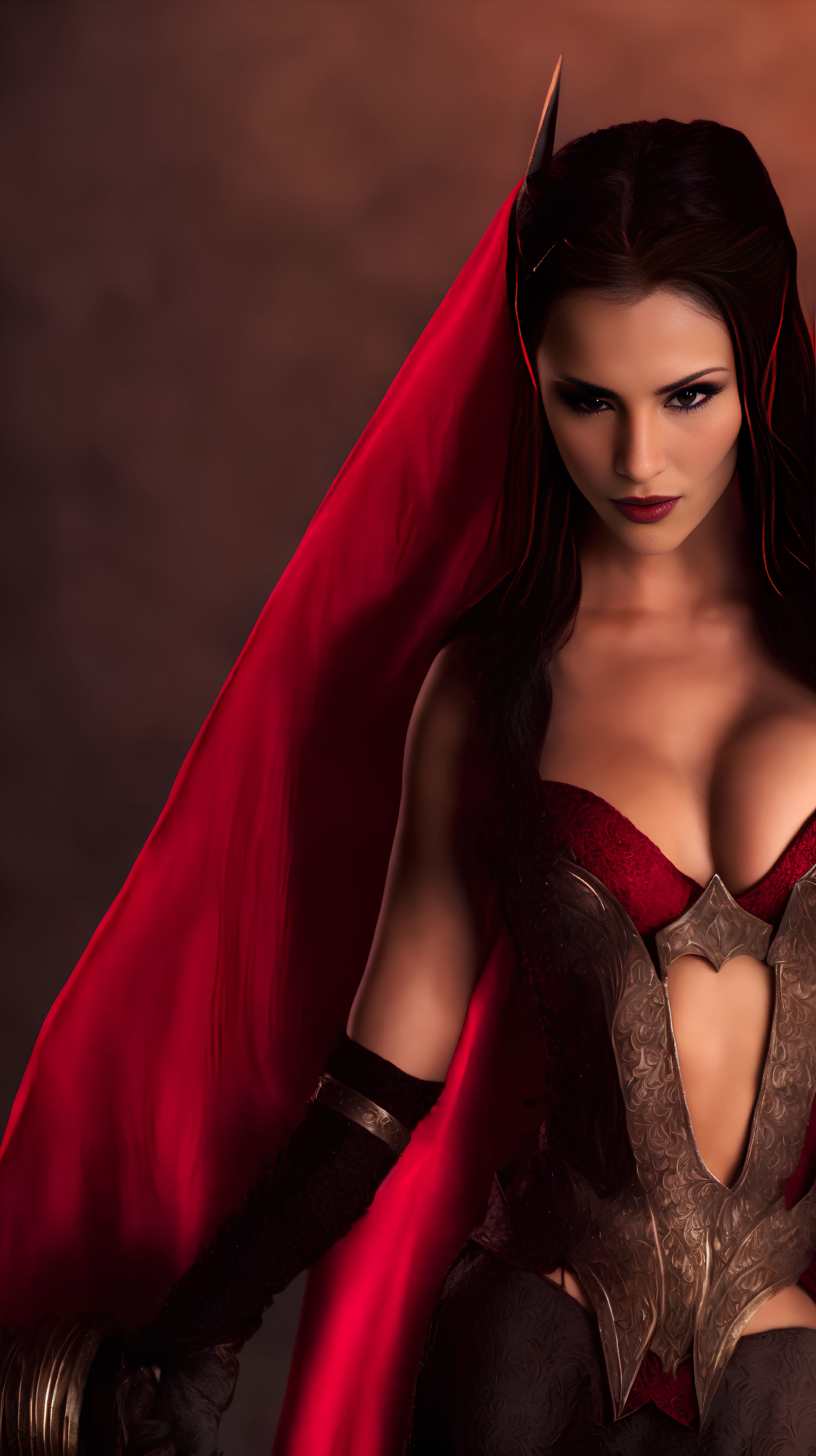 Fantasy woman in red cape and intricate corset poses seductively