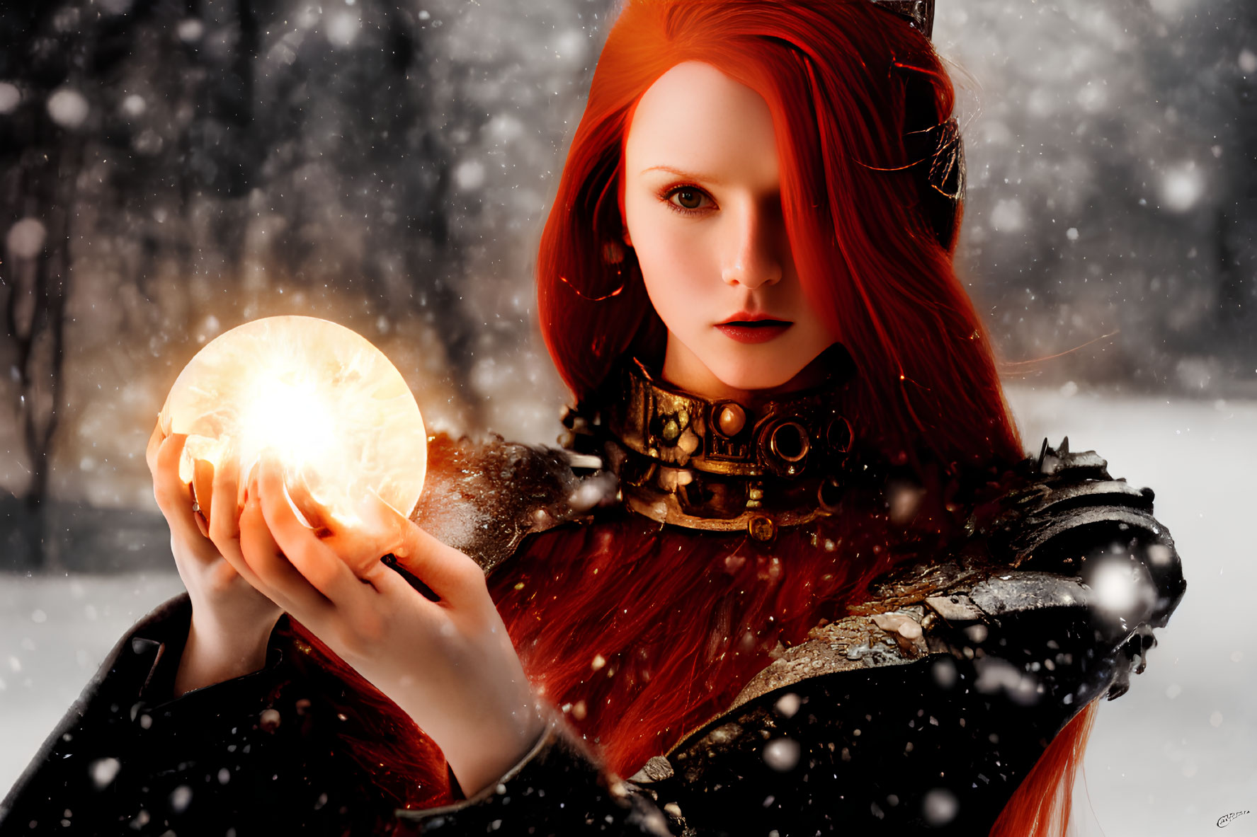 Digital artwork: Woman with red hair holding glowing orb in snowy setting