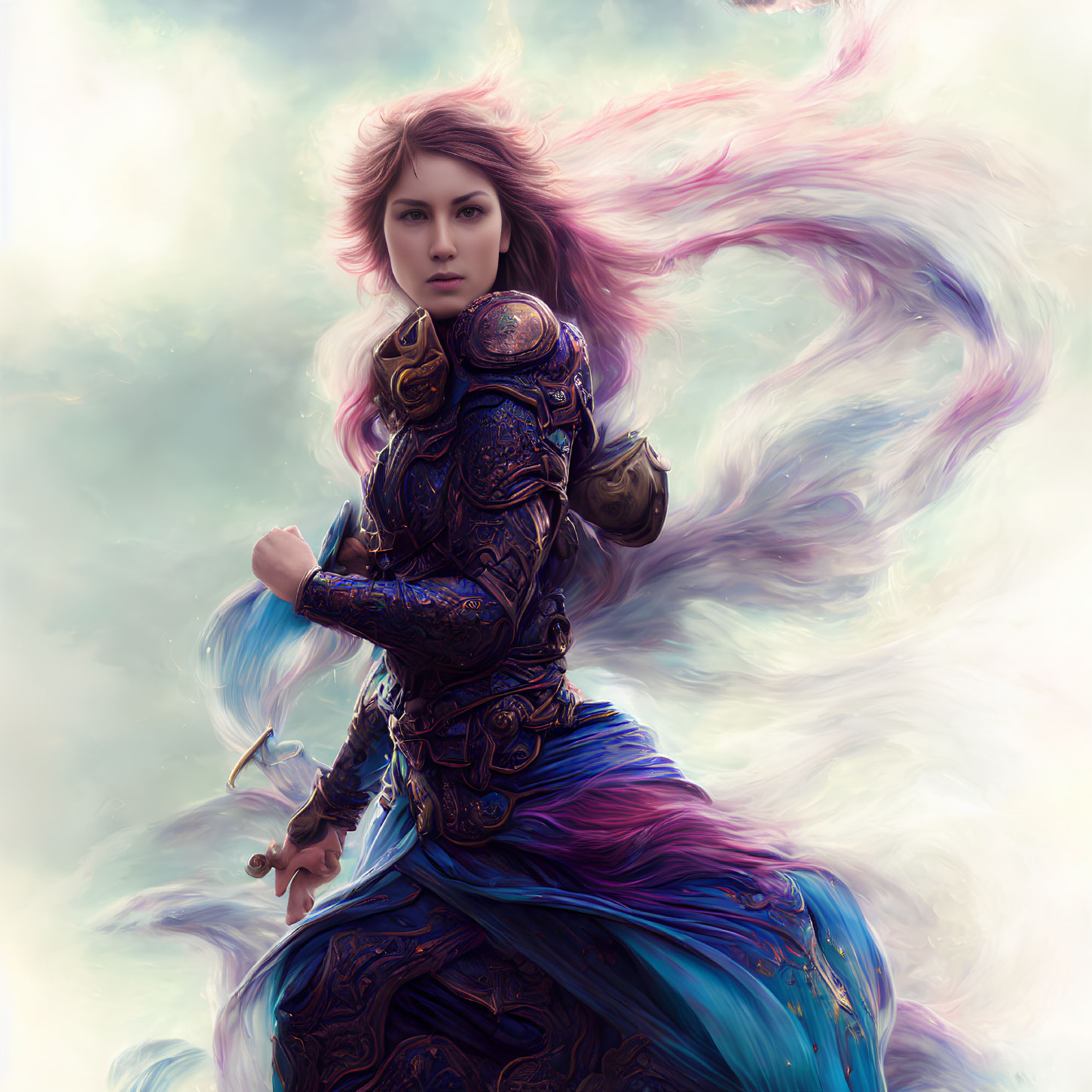 Fantasy warrior woman in ornate armor with pink hair and fierce expression in swirling clouds