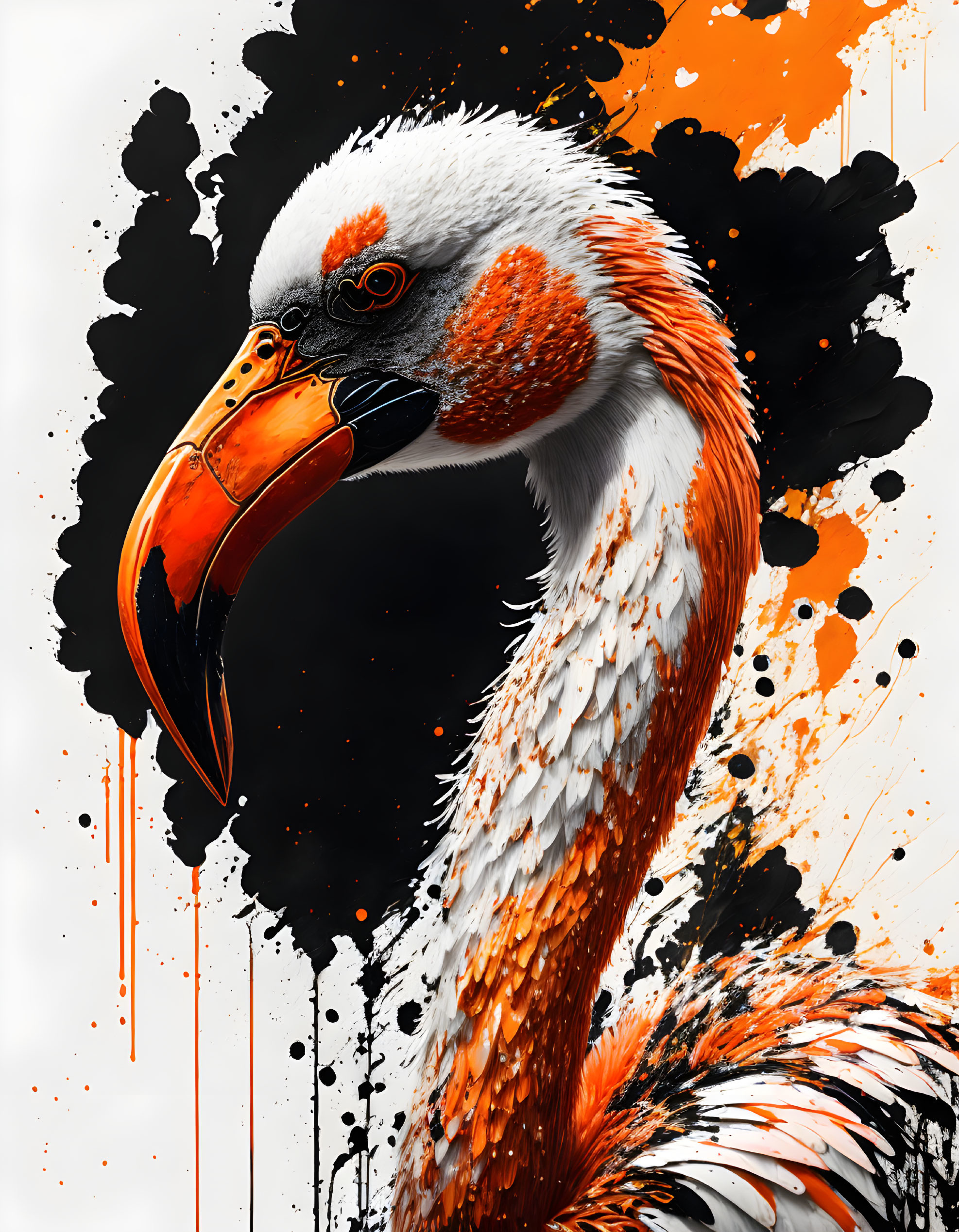 Detailed Stylized Crane Artwork: Vibrant Orange & Black Palette, Dynamic Ink Splatter