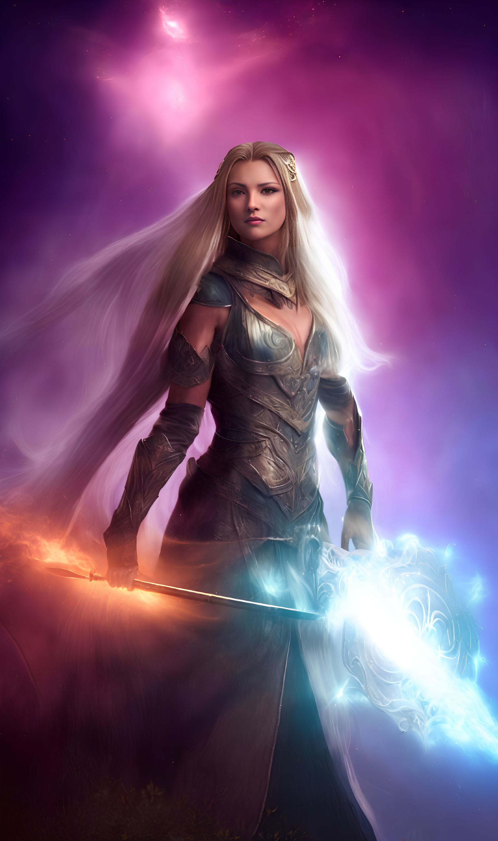 Fantasy warrior woman with glowing blue sword in purple nebula