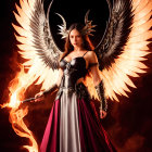 Fantasy character with fiery wings and sword in dark background.
