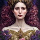 Pale-skinned woman with gold headdress, violet feathers, swans, and blue butterfly.