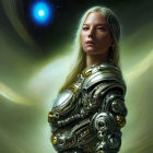 Female Cyborg in Intricate Armor and Helmet in Cosmic Setting