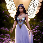 Fairy with Iridescent Wings in Flower-Filled Forest
