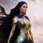 Fantasy warrior woman with golden armor and raven wings in magical setting