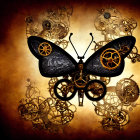 Steampunk-themed mechanical butterfly on clockwork backdrop