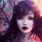 Portrait of woman with dark hair and purple floral headpiece in mystical setting.