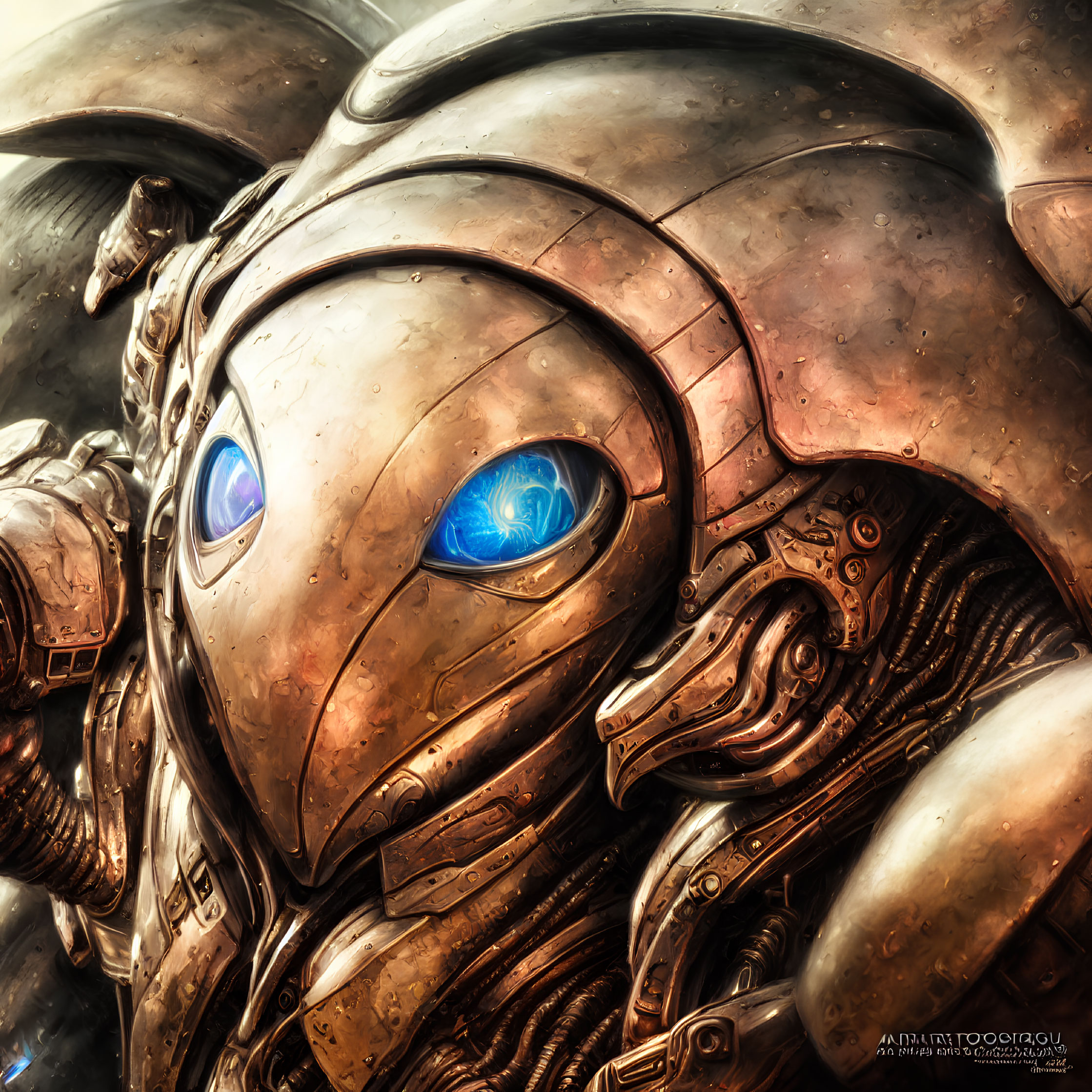 Detailed robotic face with glowing blue eyes and intricate mechanical parts in worn metallic texture