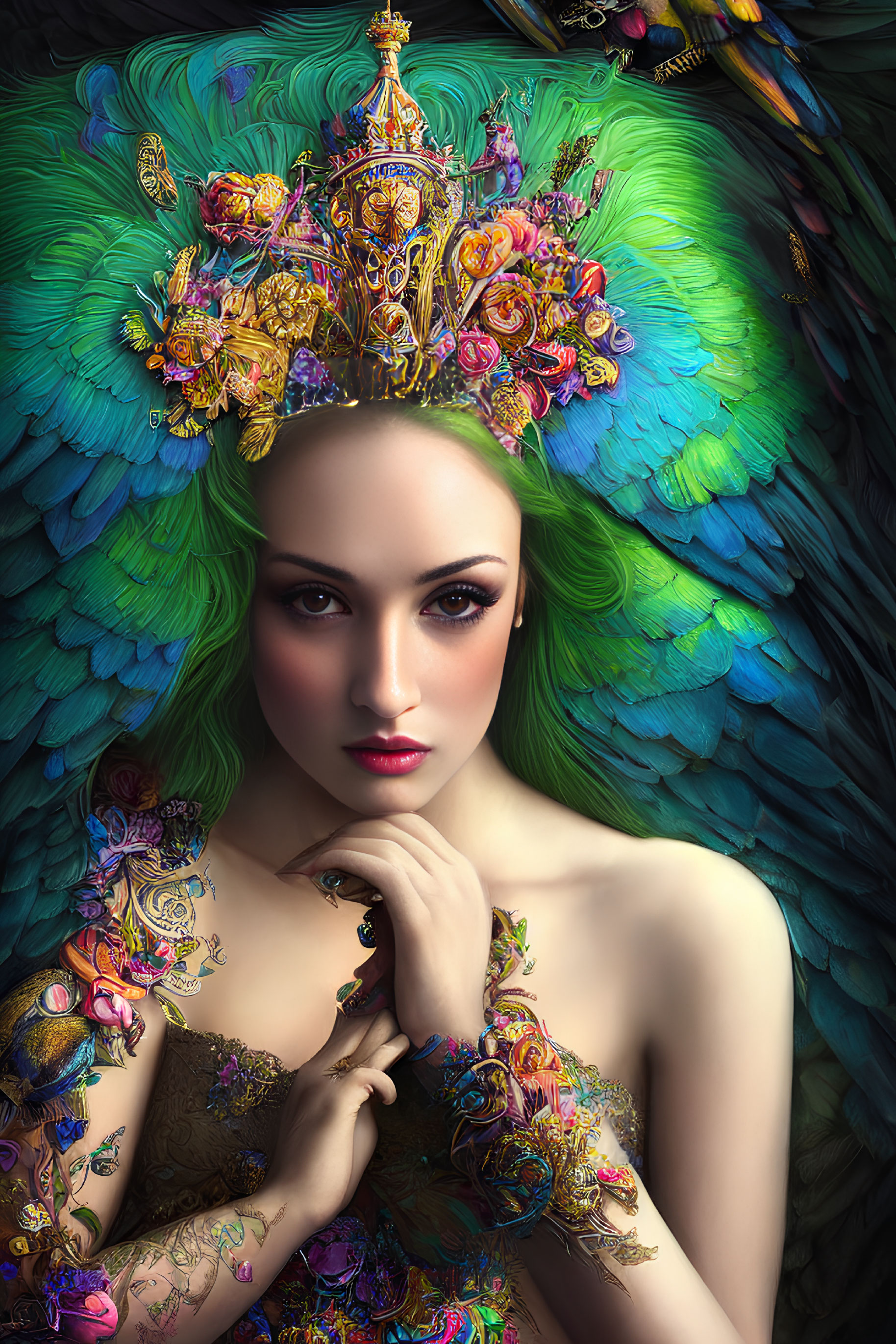 Digital portrait: Woman with peacock feather hair, crown, tattoos, contemplative expression