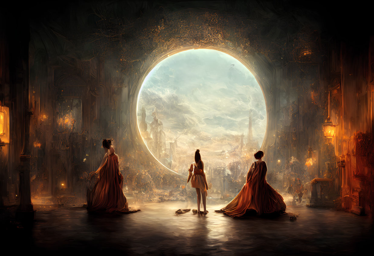 Three women in elegant gowns admire luminous moon through circular window