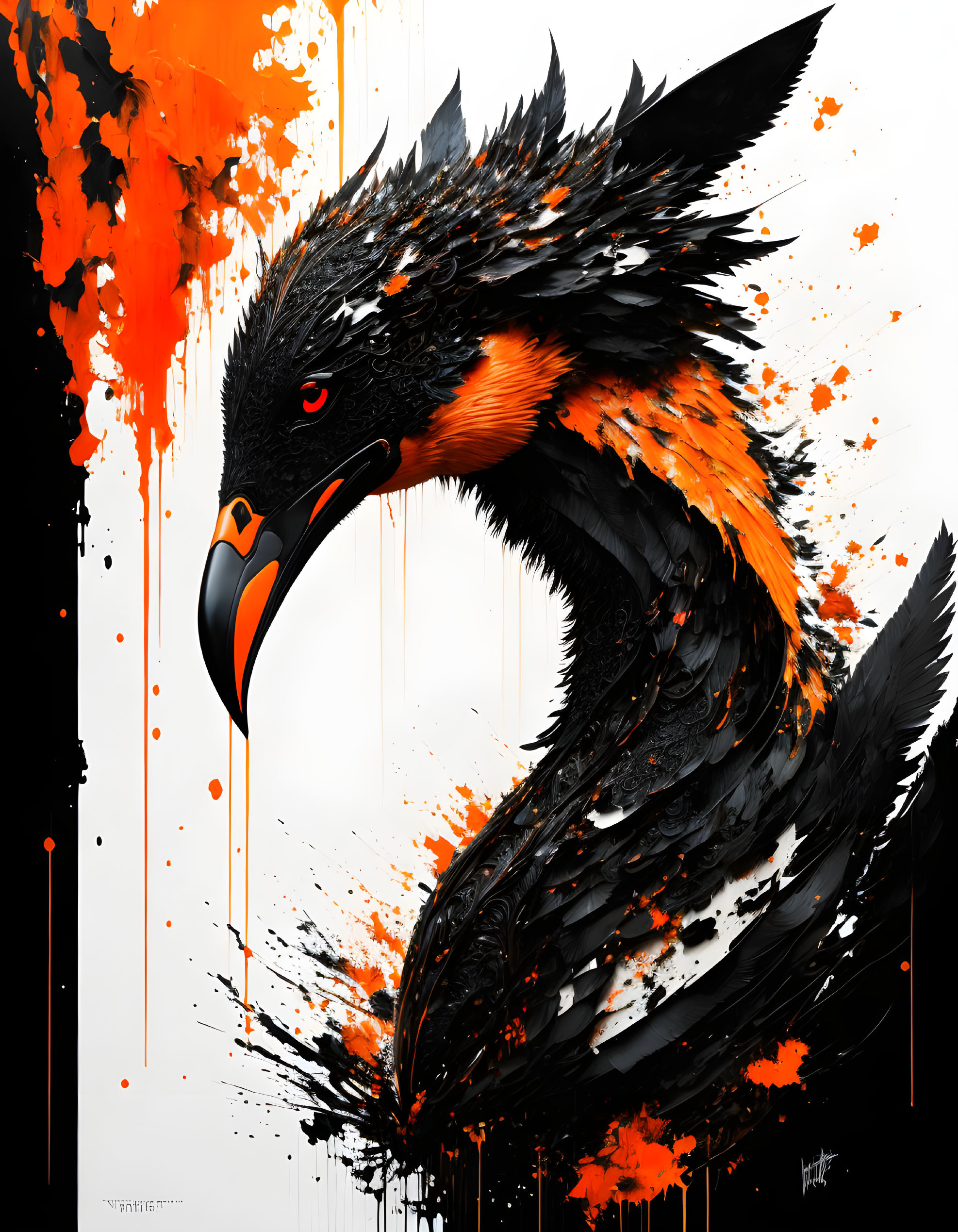Stylized eagle with orange and black plumage on dark background