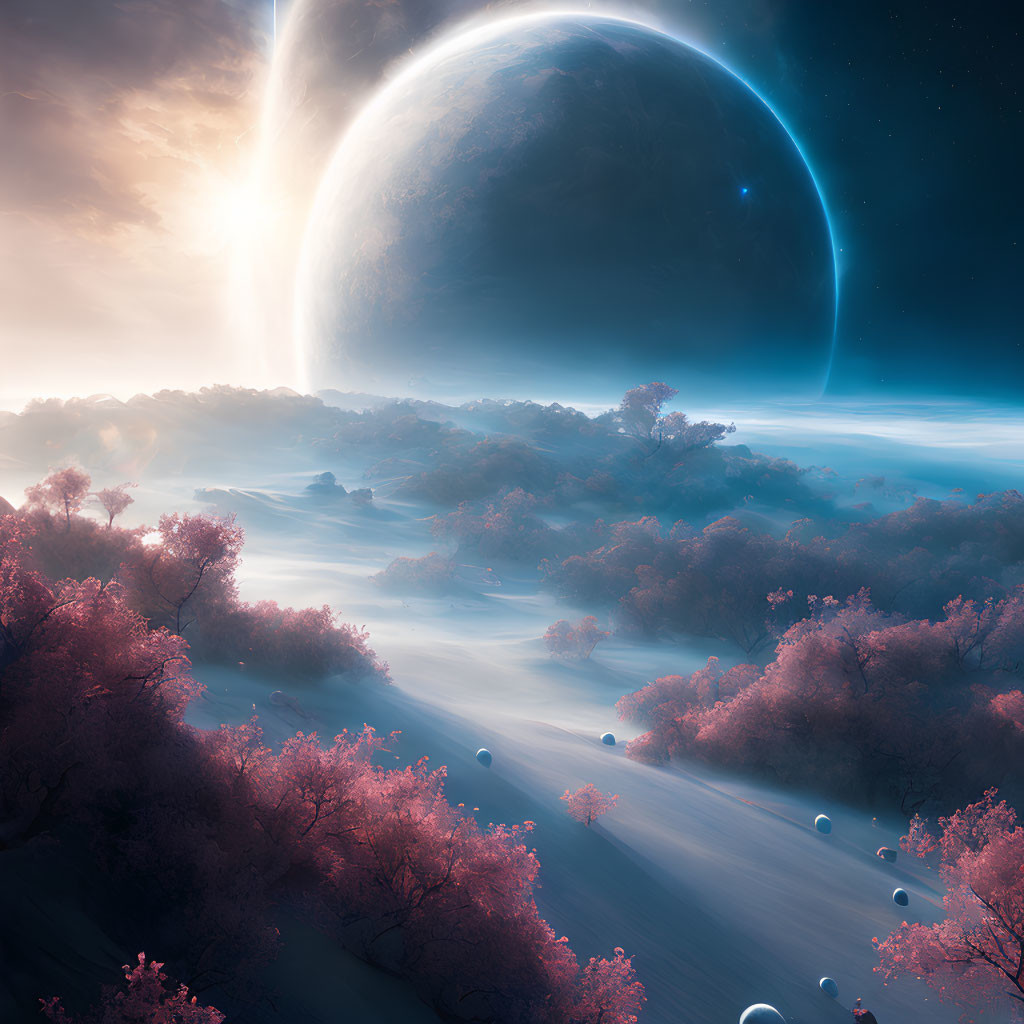 Surreal landscape with cherry blossom trees, mist, and massive rising planet