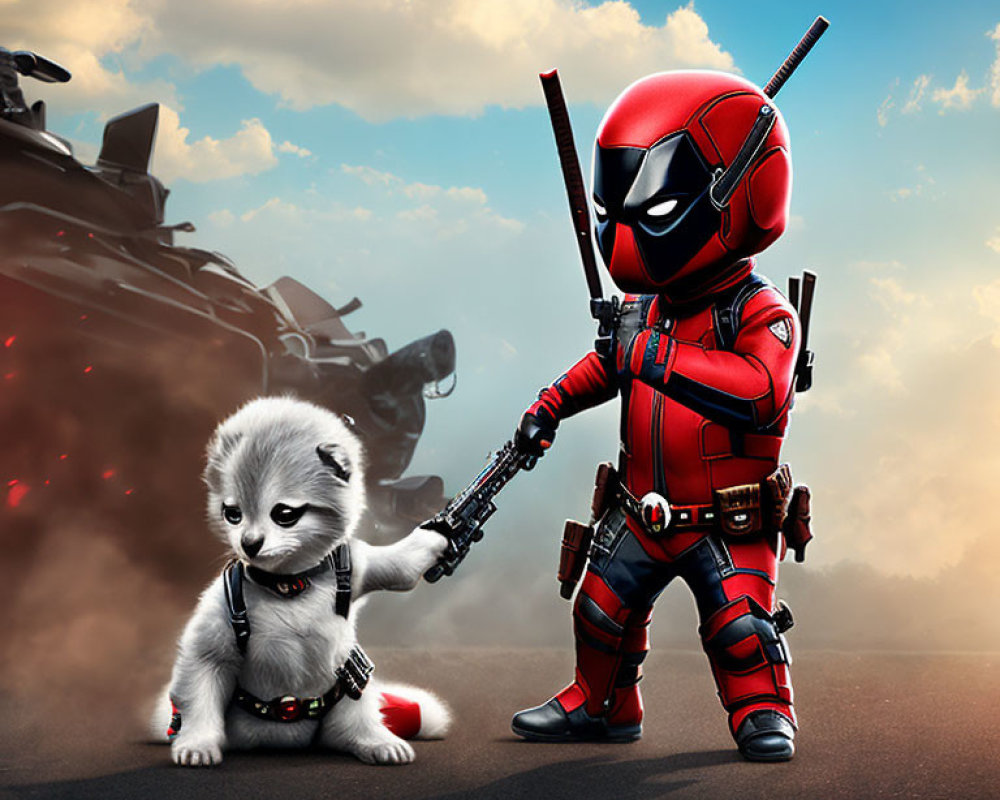 Costumed character with toy gun and fluffy dog under dramatic sky