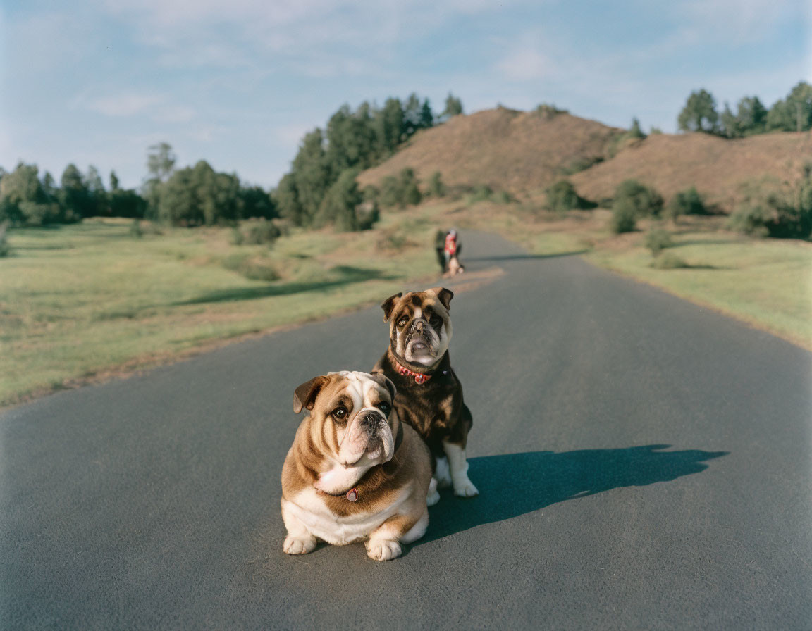 Bulldogs sitting in road with person and green hills on clear sky landscape