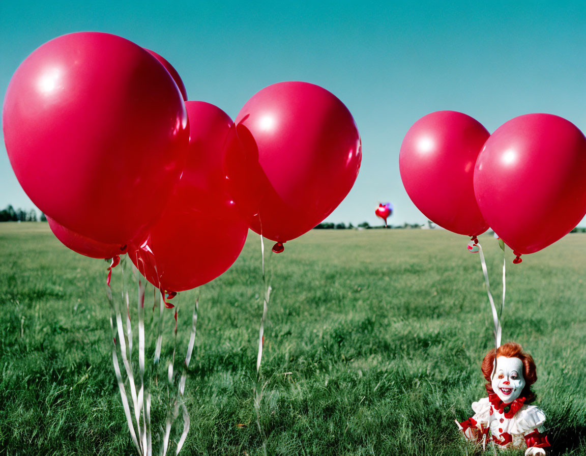 White-faced clown with red hair surrounded by red balloons in grassy field under clear blue sky
