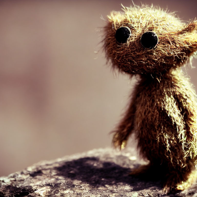 Small Brown Fuzzy Creature with Large Black Eyes on Rock