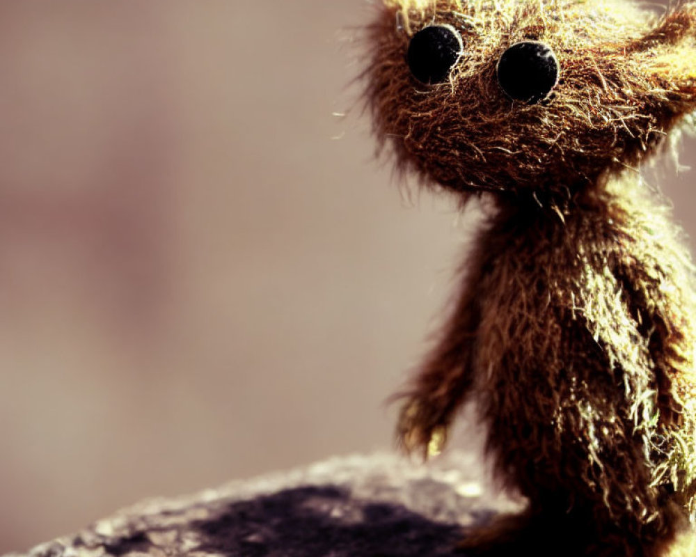 Small Brown Fuzzy Creature with Large Black Eyes on Rock