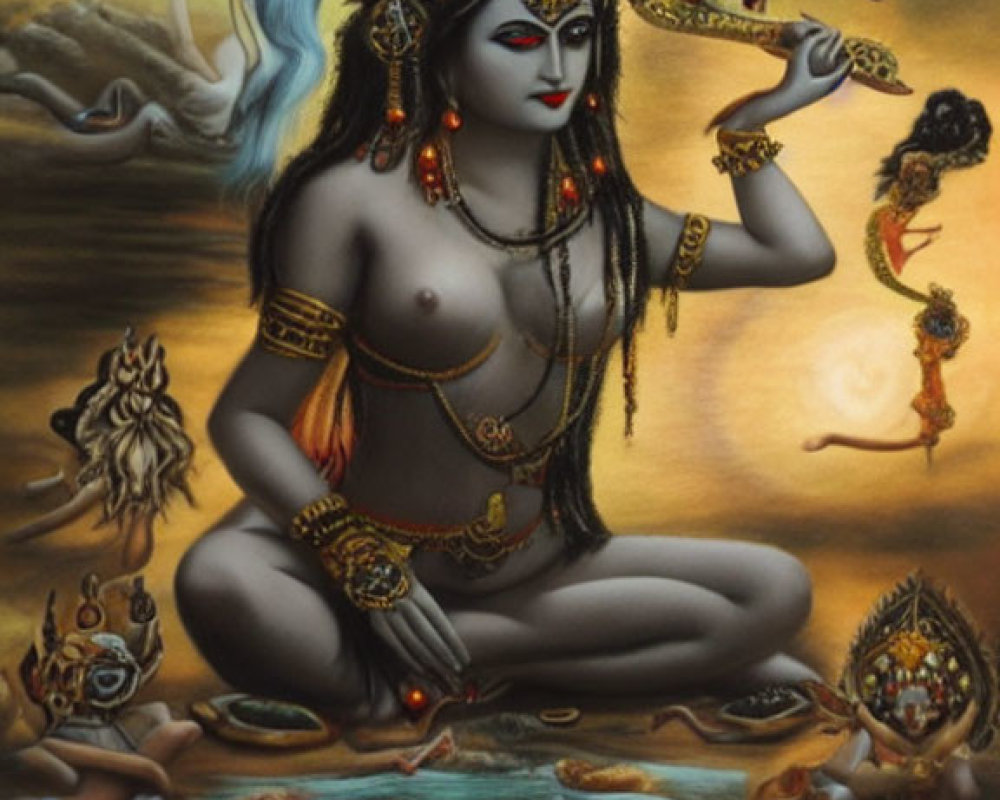 Vibrant depiction of multi-armed deity in celestial setting