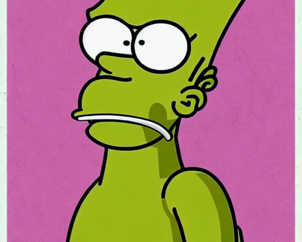 Green-skinned cartoon character with wide eyes and overbite on pink background
