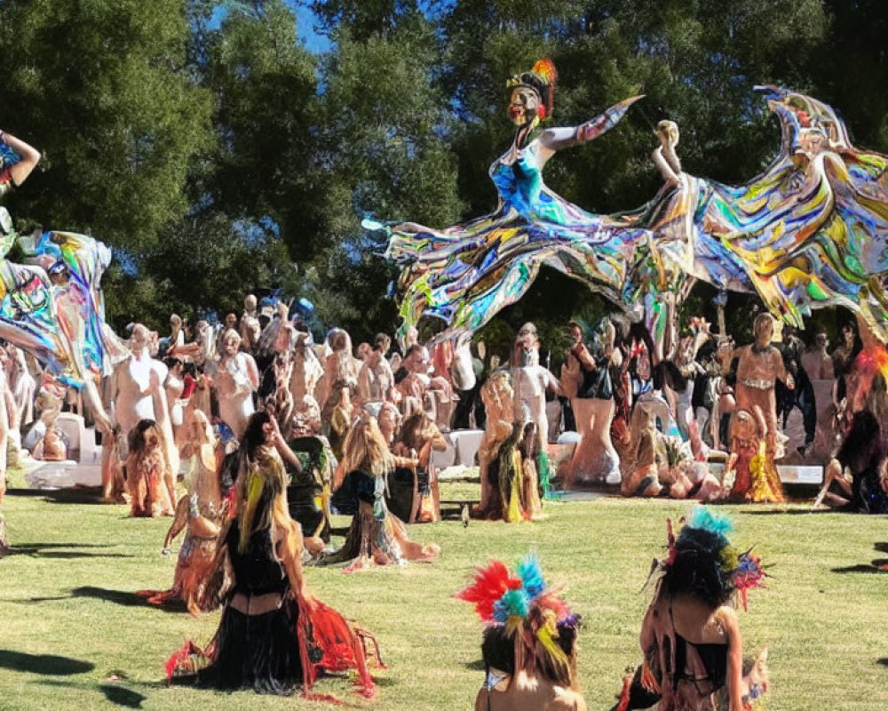 Colorful stilt dancers in flowing costumes amidst earthy-toned crowd on grassy field