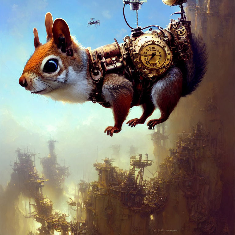 Steampunk squirrel with clockwork gear on back in sky city setting