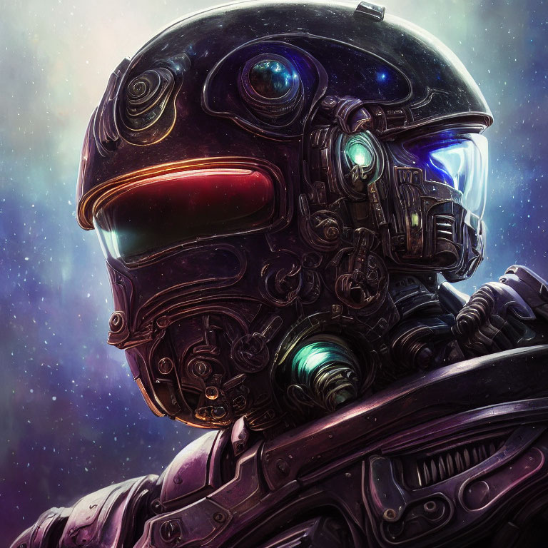 Detailed futuristic helmet with glowing blue visor on cosmic background