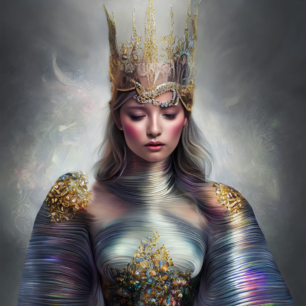 Ornate golden crown and mask on woman in multicolored dress