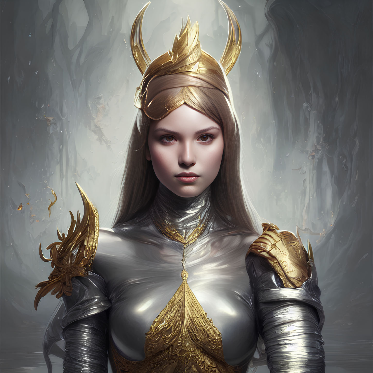 Regal woman in golden and silver armor with crowned helmet exudes nobility.