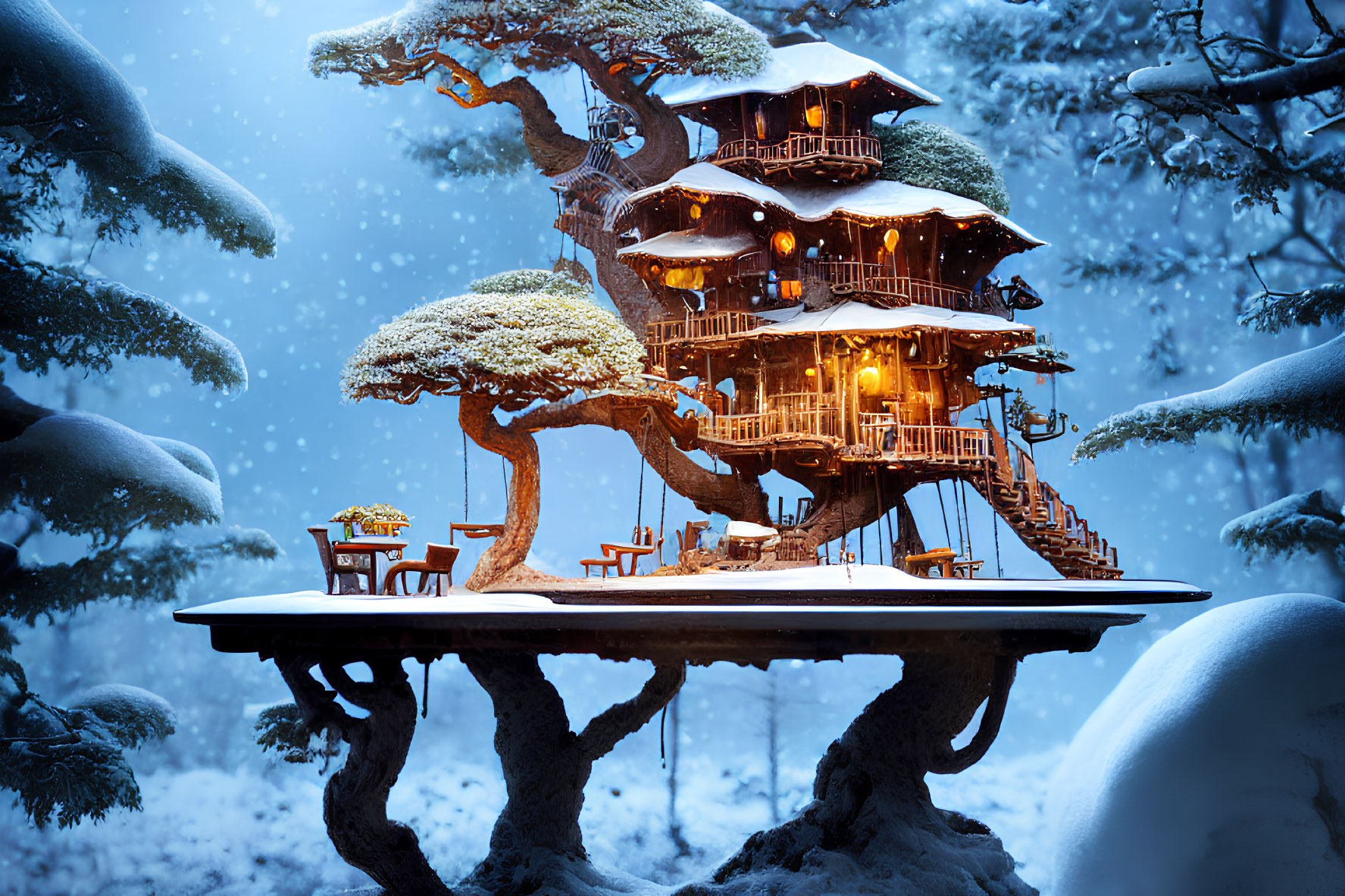 Snowy multi-level treehouse in serene winter landscape